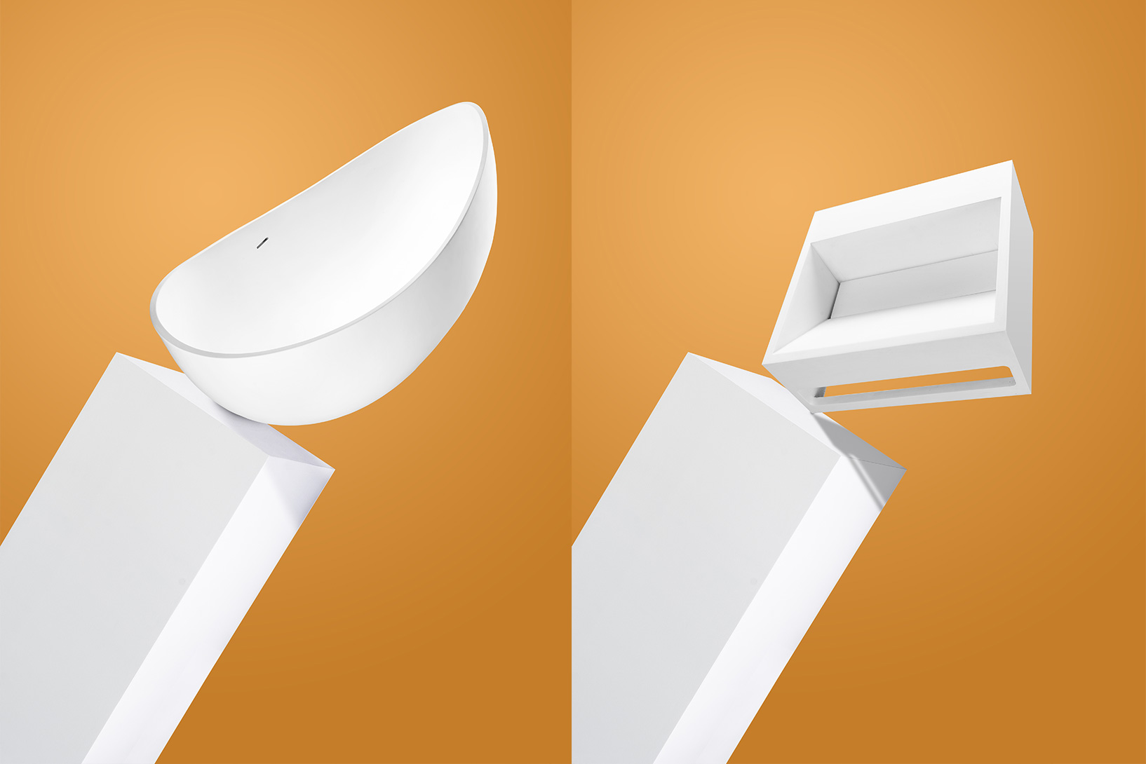 Enne Creations white basins on an orange background
