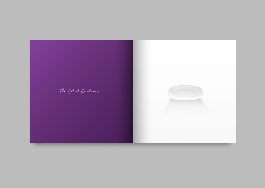 Enne Creations catalogue spread with a purple cover page