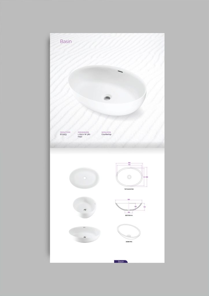 Enne Creations product sheet showing a basin from several angles