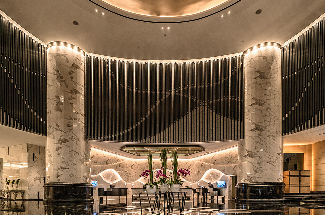 Hotel lobby with marble columns, Sunray build, architectural photography by Creo