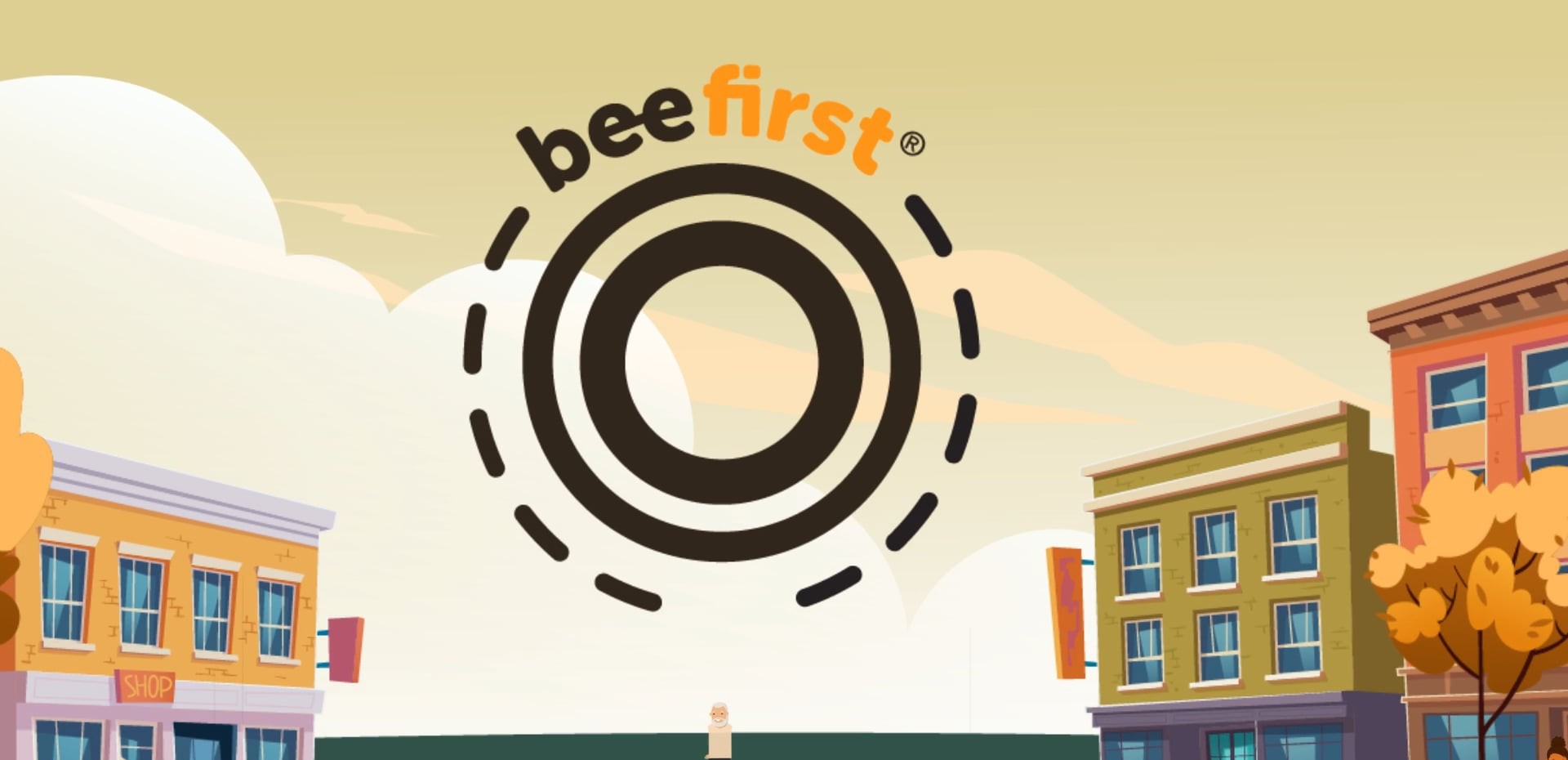 Animated town with the beefirst logo rising like a sun, from the Beesure film