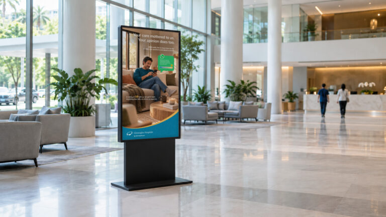 Mockup of the Gleneagles Hospitals patient feedback artwork on a standing digital screen in a hospital entrance atrium